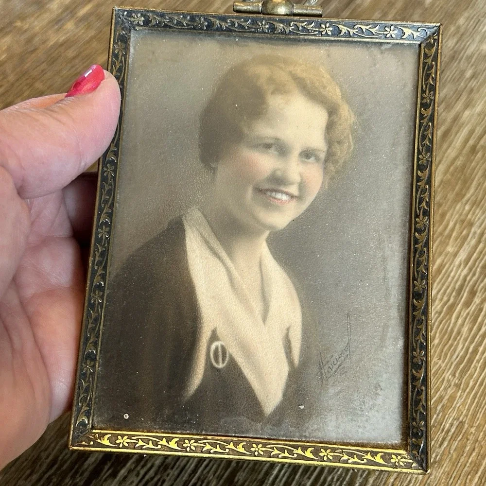 Antique Gilt Ornate Metal Picture Frame Signed Photo Women